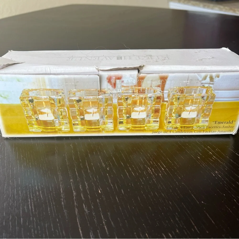 Fifth Avenue Crystal “Emerald” Yellow Faceted Glass Votive Candle Holder NEW